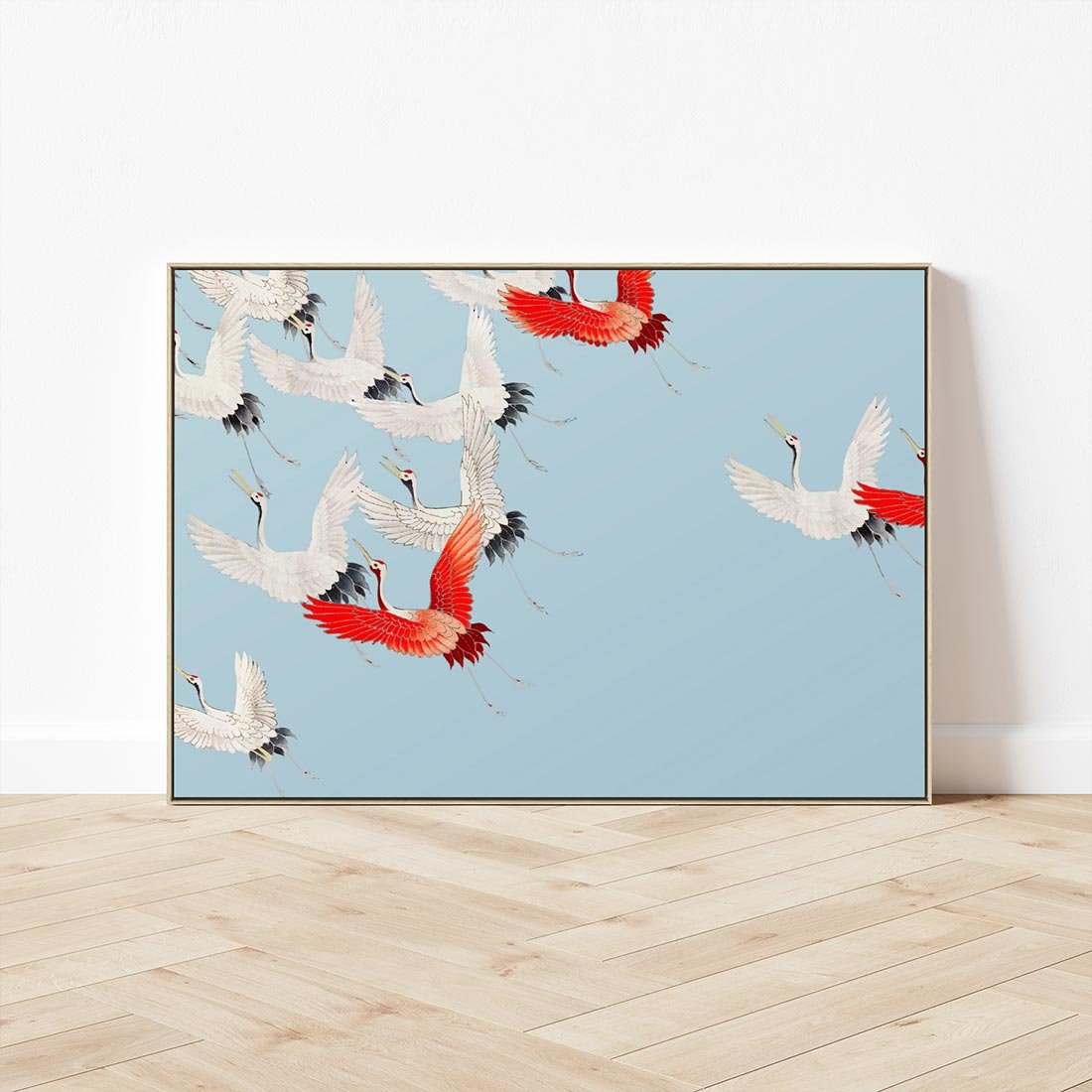 Obraz w ramie 70x50 - Eteryczne Żurawie - lecące żurawie, orientalna sztuka - rama drewno