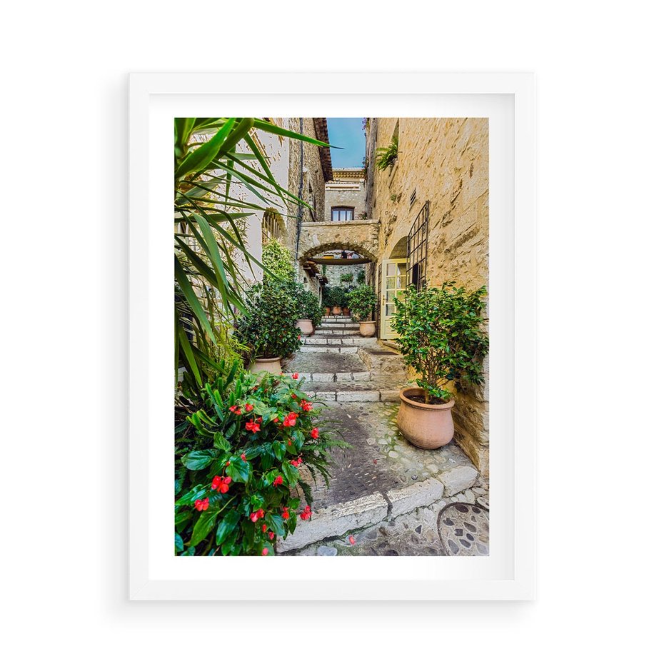 Plakat w ramie 50x70 - Perspektywa uliczki malownicza - uliczka, perspektywa - rama biała
