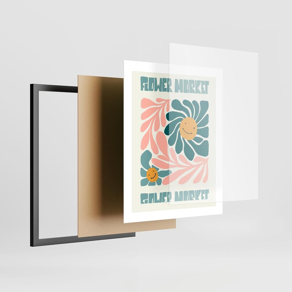 Plakat w ramie 40x50 - Harmonia płatków kwiatów - kwiatowa retro kompozycja, pastelowe kolory - rama czarna