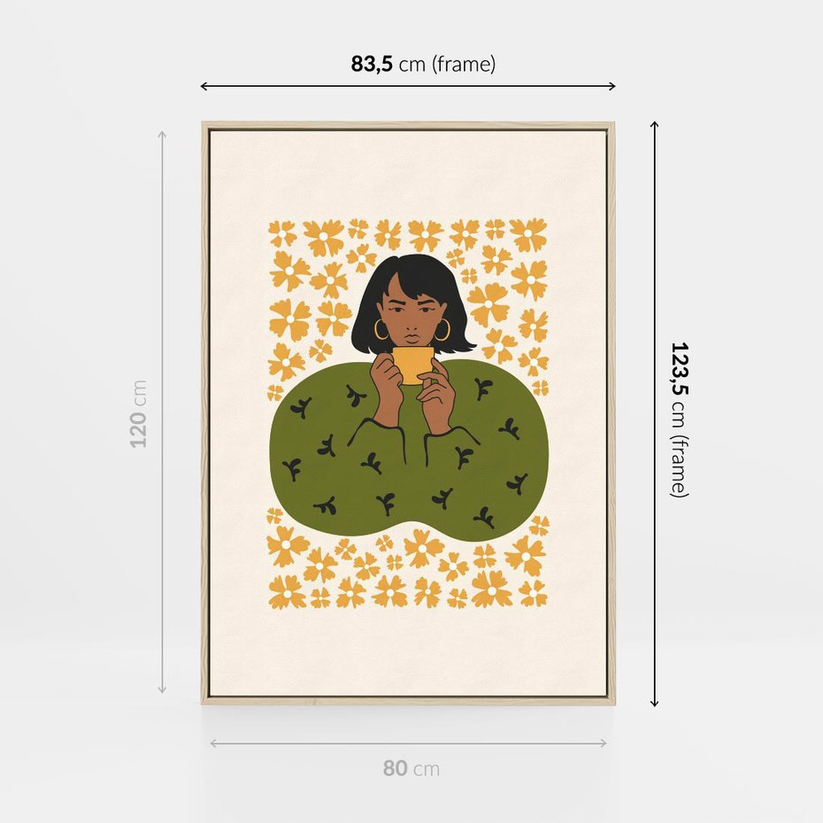 Obraz w ramie 80x120 - Wewnętrzne Fale - nowoczesny plakat, kobieta otoczona liśćmi - rama drewno