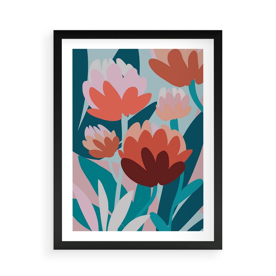 Plakat w ramie 50x70 - Symfonia Kwiatów - abstrakcyjna kompozycja kwiatowych form, kolor zgaszone - rama czarna