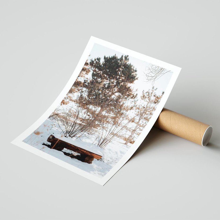 Plakat bez ramy 21x30 - Ławka Pod Śniegiem - zimowy pejzaż, ławka pod śniegiem