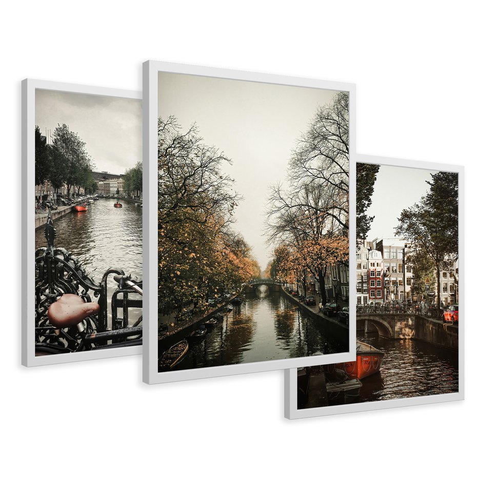 Zestaw obrazy w ramie 40x50 galeria - Kanały, miasto, woda, jesień - rama biała