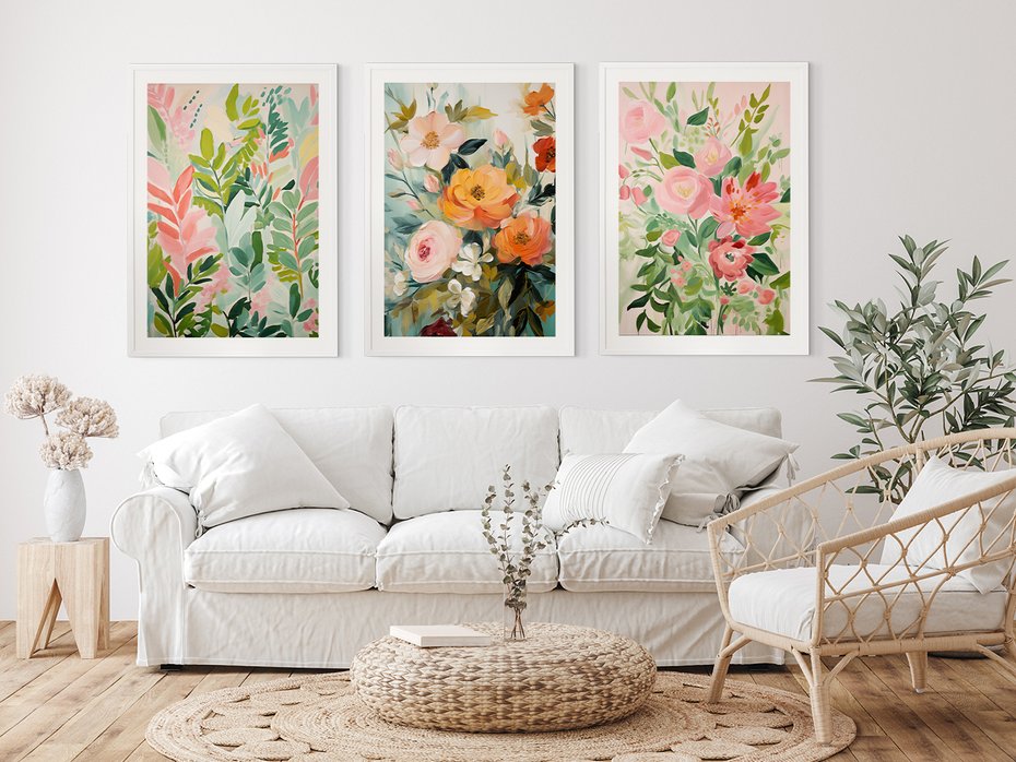 Zestaw obrazy w ramie 50x70 galeria - kwiaty, akwarela, pastele, liście - rama biała