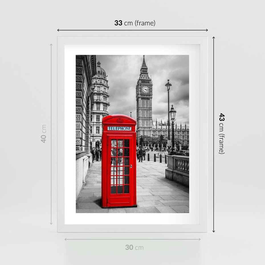 Plakat w ramie 30x40 - Budka telefoniczna w Londynie - budka, Londyn - rama biała