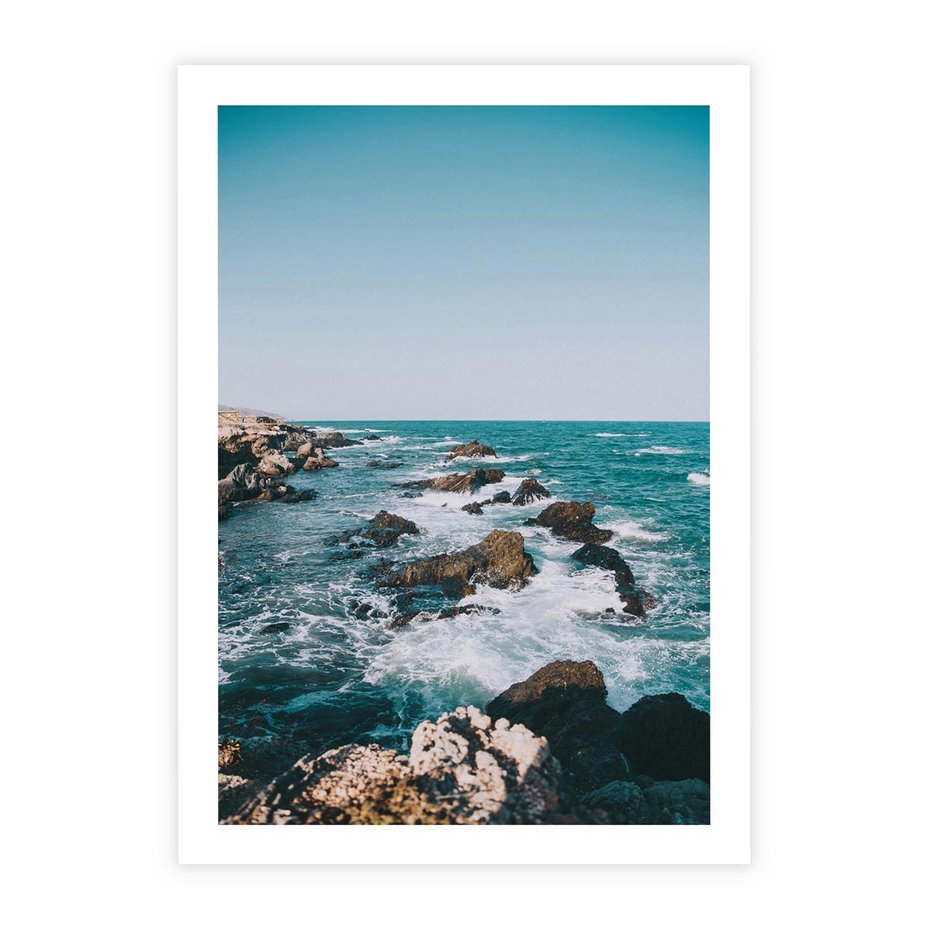Plakat bez ramy 21x30 - Dramatyczna Sceneria: Fale i Skały nad Morzem - morze, fale