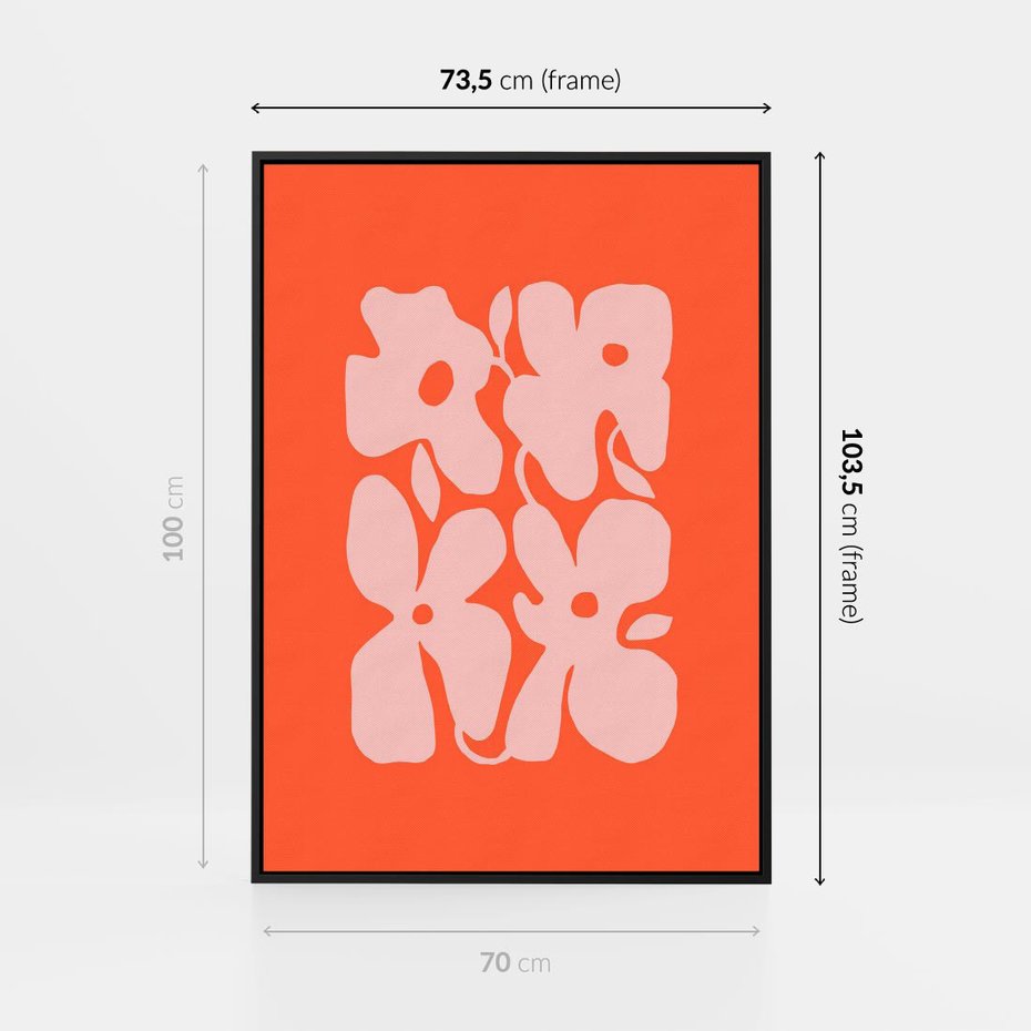 Obraz w ramie 70x100 - Taniec Abstrakcji - kwiaty, energetyczne pomarańczowe tłó - rama czarna