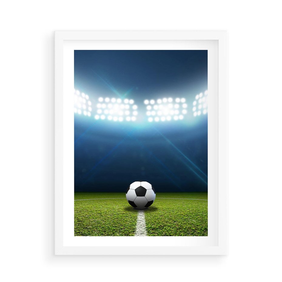 Plakat w ramie 50x70 - Piłka w drodze do gola - piłka, gol - rama biała