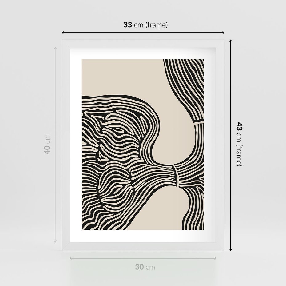 Plakat w ramie 30x40 - Harmonijne Kształty - abstrakcyjne ryciny, czarno biały - rama biała