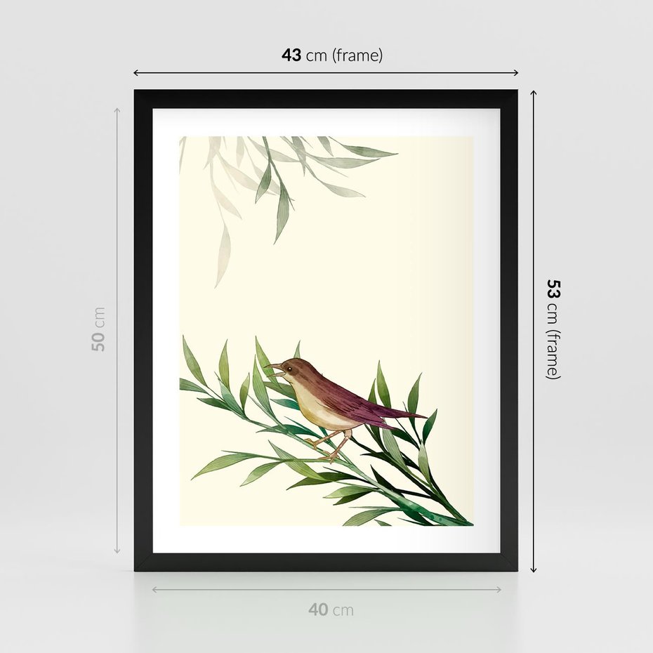 Plakat w ramie 40x50 - Roślinne Nastroje - japońska sztuka, ptak - rama czarna