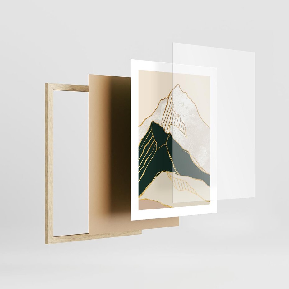 Plakat w ramie 30x40 - Minimalistyczne Góry: Złota Sztuka Natury - minimalistyczna grafika, góry - rama drewno
