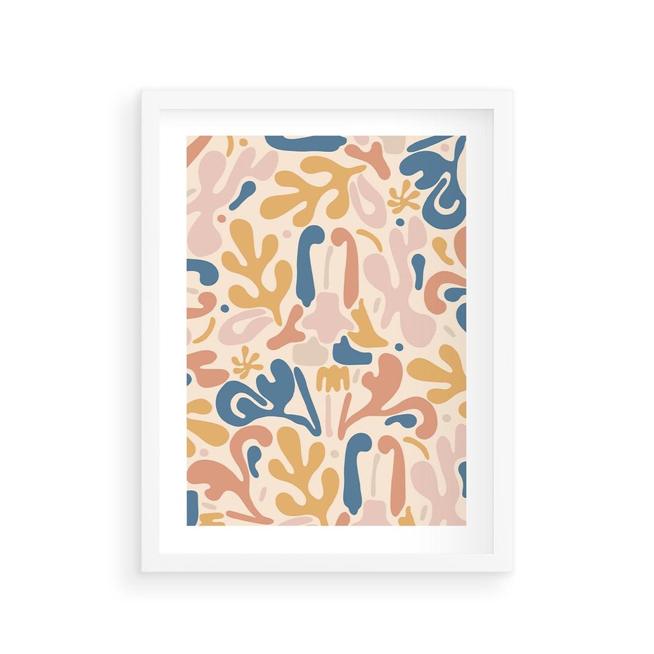 Plakat w ramie 30x40 - Symfonia Radosnych Barw - abstrakcyjne pastelowe formy, nowoczesna grafika w stylu boho - rama biała