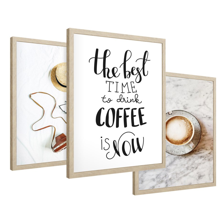 Zestaw obrazy w ramie 50x70 galeria - Kawa, podróż, kapelusz, boho - rama drewno