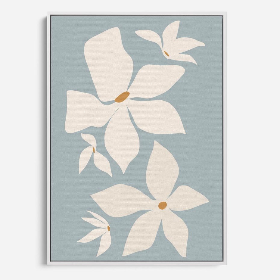 Obraz w ramie 70x100 - Błękit Kwiatów - kwiaty, nowoczesne i minimalistyczne - rama biała