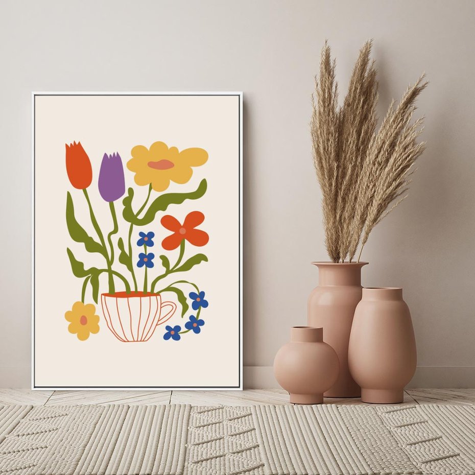 Obraz w ramie 80x120 - Kolorowe Granice - kwiaty w filizance, abstrakcja - rama biała