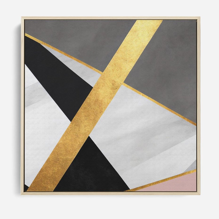 Obraz w ramie 50x50 - Pudrowe Abstrakcyjne Lustra - złote abstrakcyjne linie, szarość - rama drewno