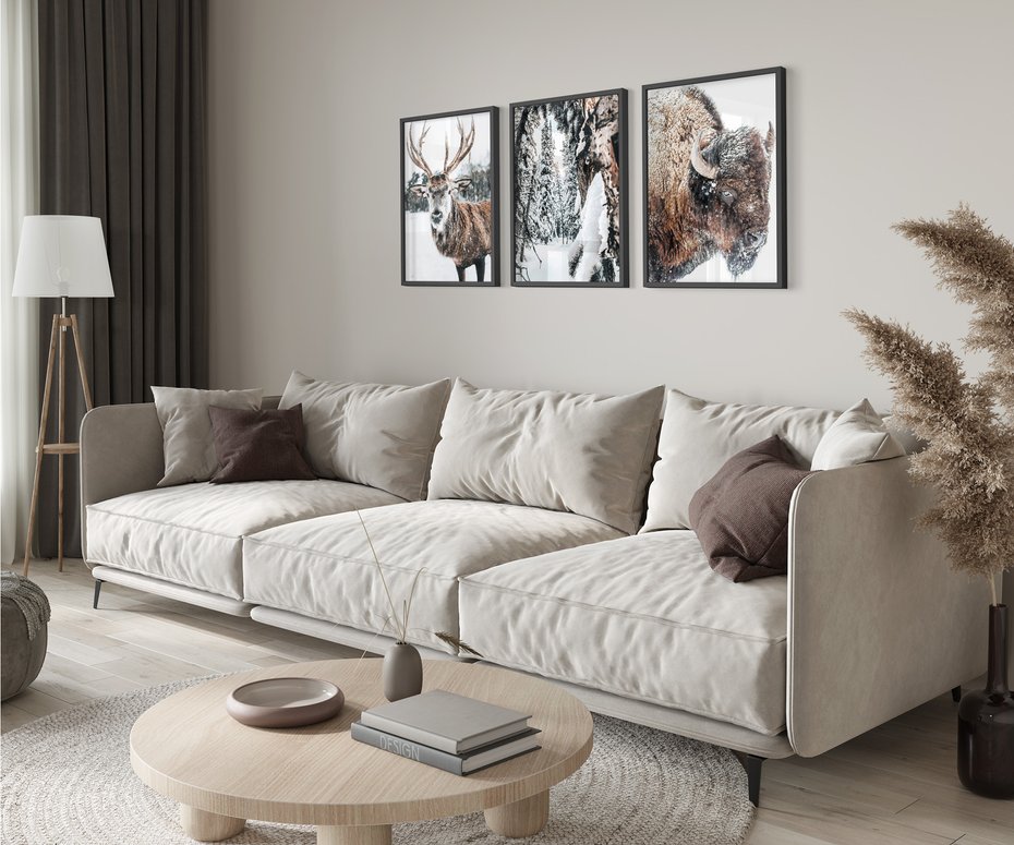 Zestaw obrazy w ramie 30x40 galeria - Jeleń, bizon, zima, retro - rama czarna