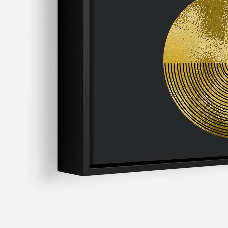 Obraz w ramie 50x50 - Migotliwe Przeniknięcia - złote koła, czarne tło - rama czarna
