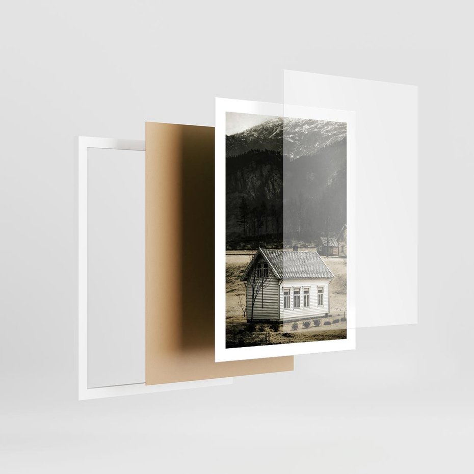 Plakat w ramie 50x70 - Ciepło i Urok Górskiego Domku - domek w górach, sepia - rama biała