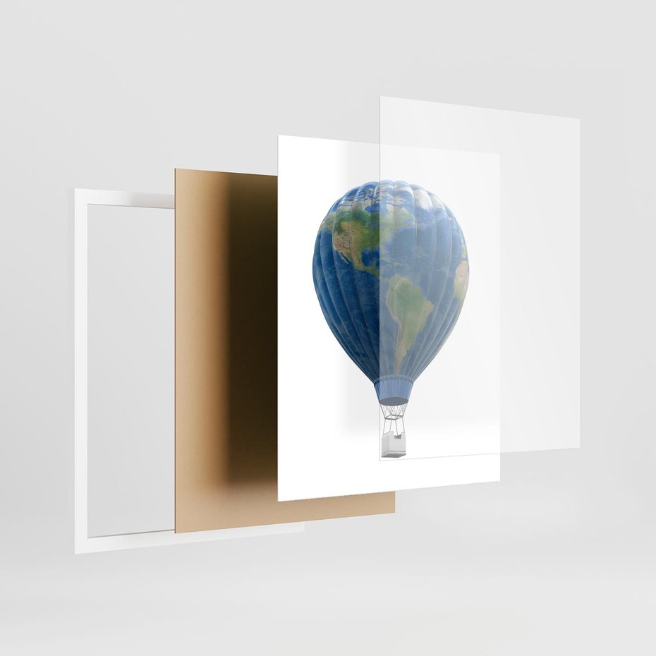 Plakat w ramie 40x50 - Podróżniczy balon nad ziemią - balon, ziemia - rama biała