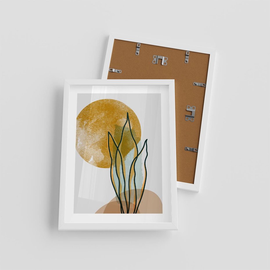 Plakat w ramie 30x40 - Światło Natury: Graficzne Liście i Złote Słońce - grafika, graficzne liście - rama biała