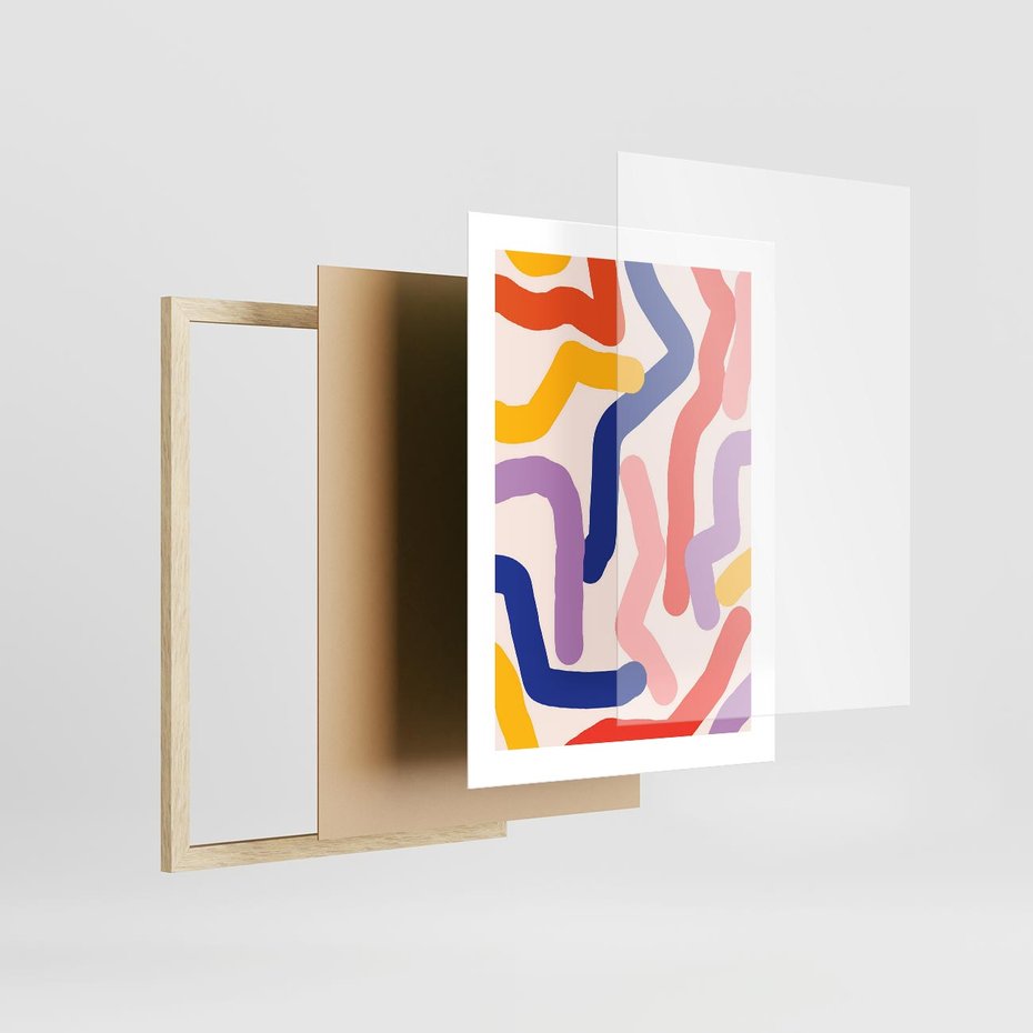 Plakat w ramie 30x40 - Abstrakcyjne Dialogi - abstrakcyjny kolorowy obraz, kolorowe linie - rama drewno