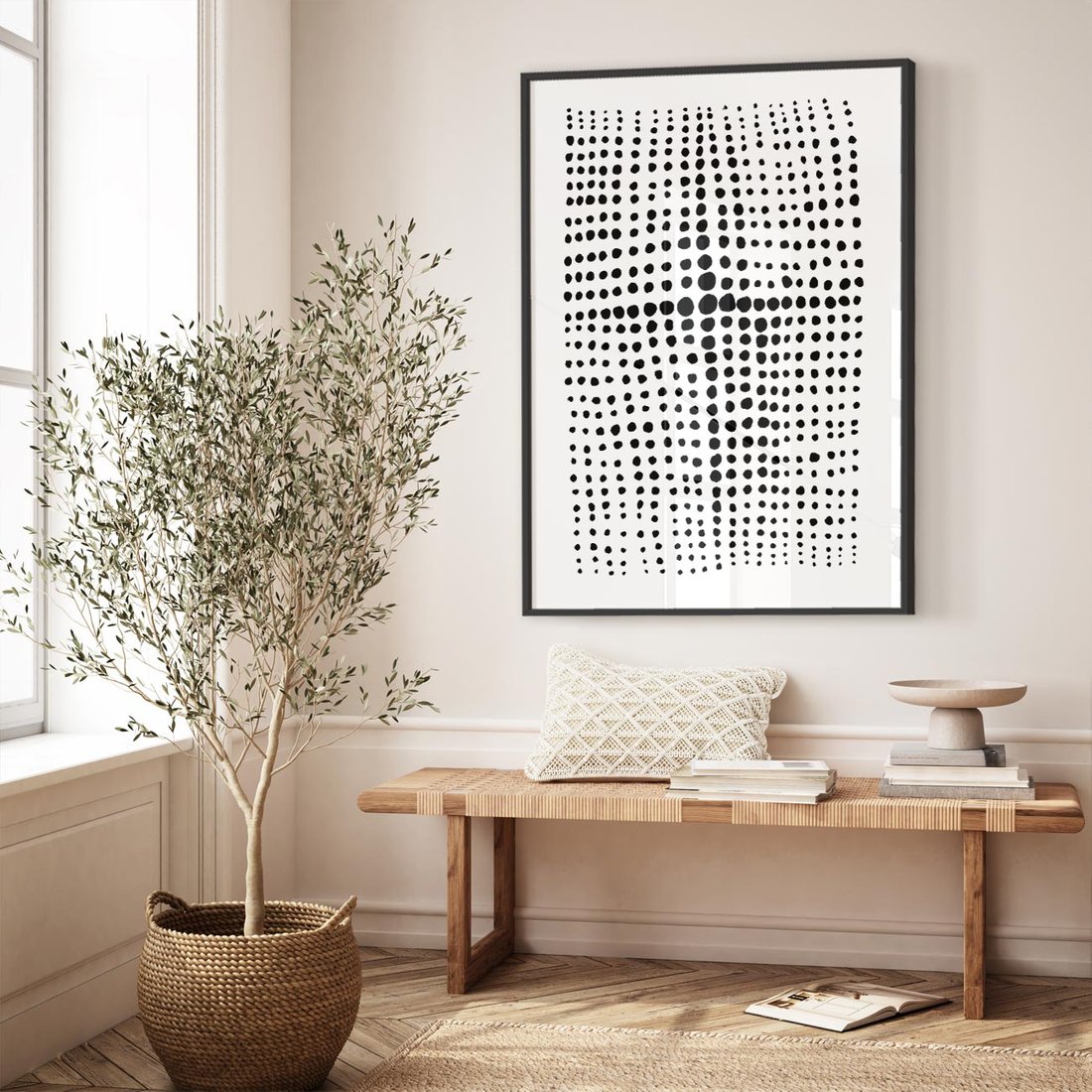 Plakat w ramie 50x70 - Refleksje Monochromatycznych Widoków - abstrakcyjna kompozycja z czarnych kropek, minimalistyczny czarno bialy plakat - rama czarna