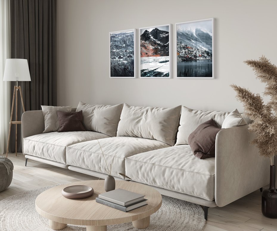 Zestaw obrazy w ramie 30x40 galeria - Norweskie, domki, góry, zima - rama biała