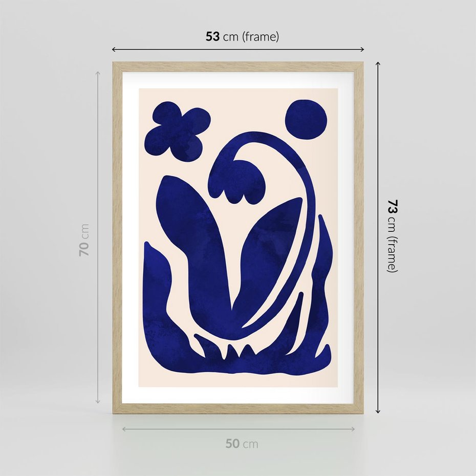 Plakat w ramie 50x70 - Bezgraniczne Echa Serca - abstrakcyjny obraz plakat, dziwne niebieskie kształty przypominają kwiat - rama drewno