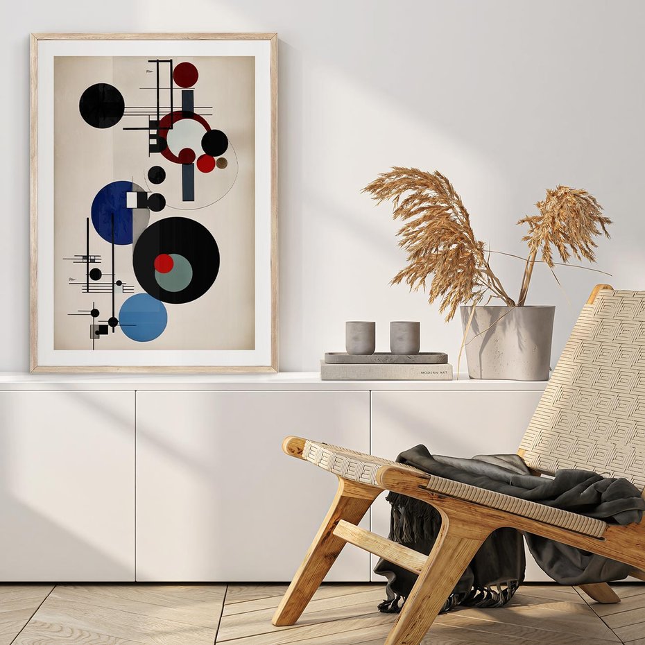 Plakat w ramie 50x70 - Rozkwitające Wibracje Wyobraźni - abstrakcyjna geometryczna kompozycja, koła linie - rama drewno