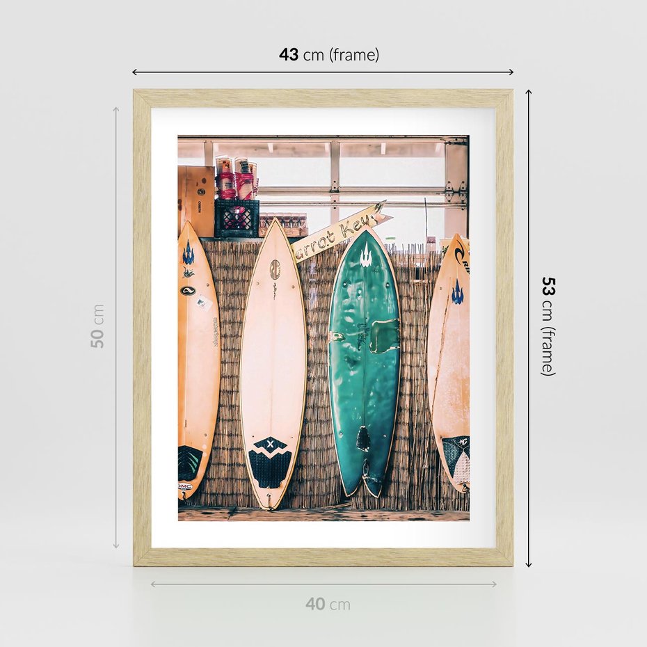 Plakat w ramie 40x50 - Deski Surfingowe w Pionie - deski surfingowe, ustawione pionowo - rama drewno