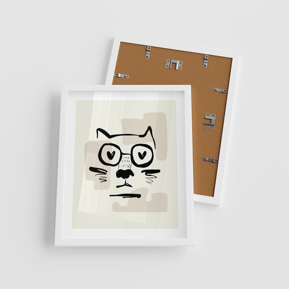 Plakat w ramie 40x50 - Minimalistyczny Kot: Czarna Kreska - kot, grafika - rama biała
