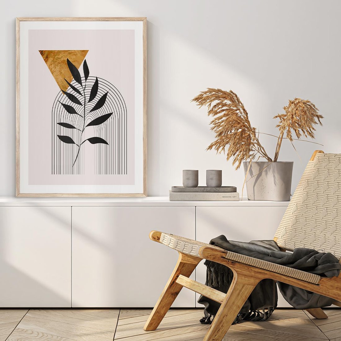 Plakat w ramie 50x70 - Geometria z Elementami Złota i Liści - grafika, złoto - rama drewno