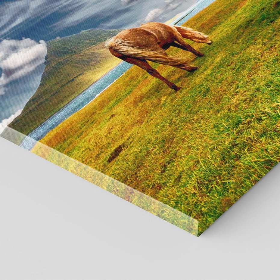 Obraz na płótnie 120x80 - Konie na łące przy jeziorze: Siła natury - konie, łąka