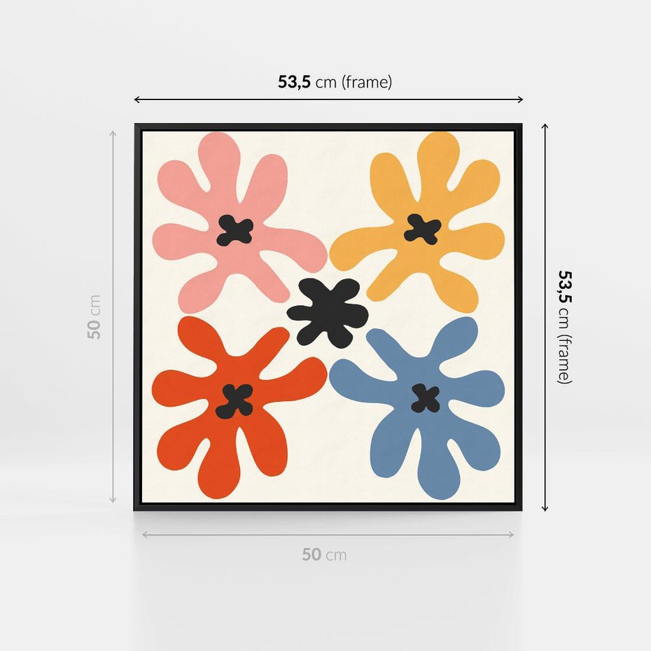 Obraz w ramie 50x50 - Taniec Akwareli - abstrakcyjne wielokolorowe kwiaty, minimalizm - rama czarna
