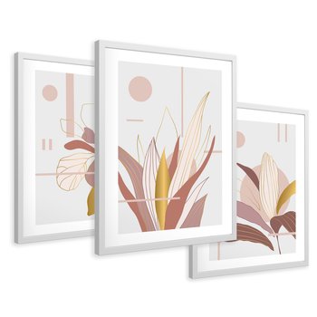 Zestaw obrazy w ramie 40x50 galeria - Złote, liście, pastelowe, nowoczesne - rama biała