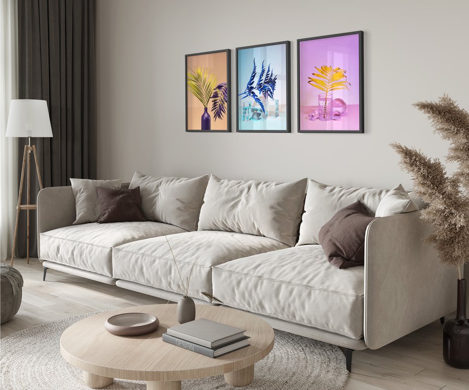 Zestaw obrazy w ramie 50x70 galeria - Palmy, paprocie, liście, pastele - rama czarna