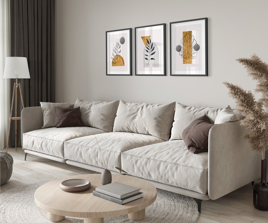 Zestaw obrazy w ramie 50x70 galeria - Złoto, liście, geometria - rama czarna