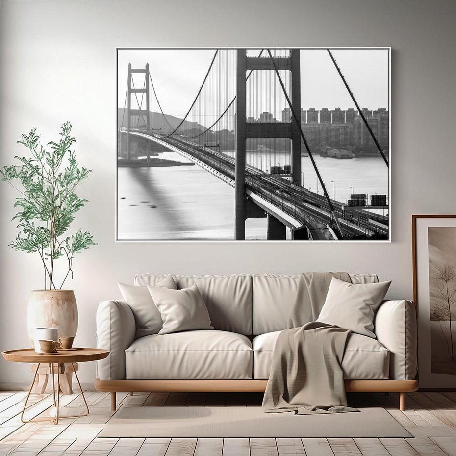 Obraz w ramie 100x70 - Ikona Miasta - most Nowy Jork, czarno biała fotografia - rama biała