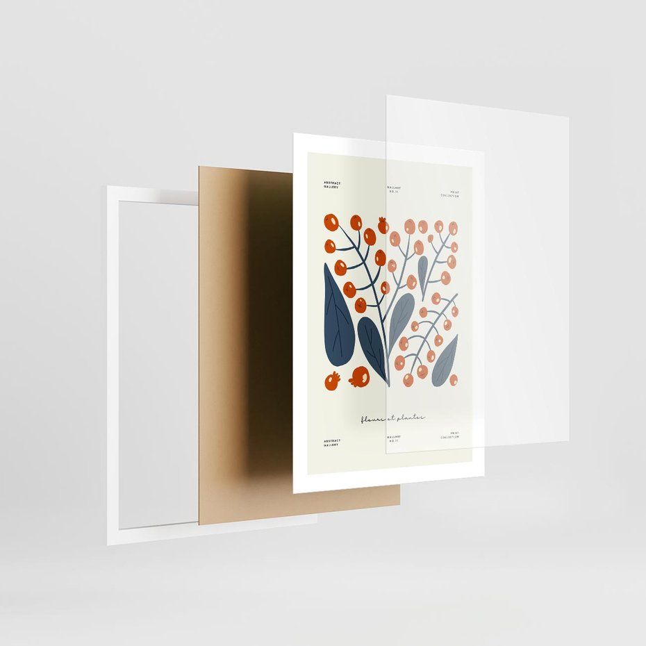 Plakat w ramie 50x70 - Minimalistyczna Uroda Jarzębin - jarzębiny, niebieskie liście - rama biała