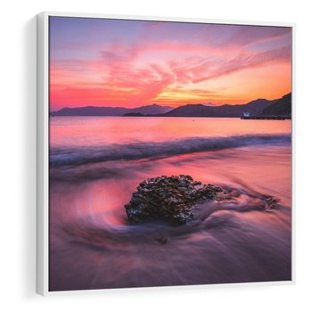 Obraz w ramie 80x80 - Zaklęty Zachód - magiczny zachód słońca, fioletowe - rama biała