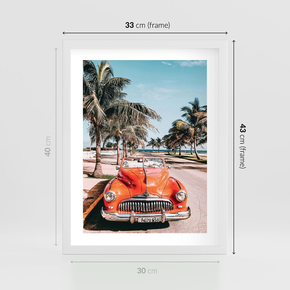 Plakat w ramie 30x40 - Retro Przejażdżka - pomarańczowy retro samochód, kabriolet - rama biała