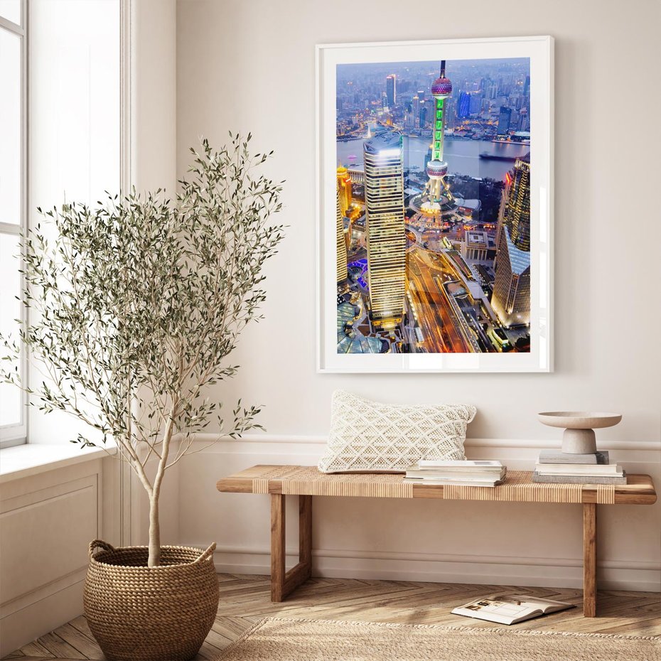 Plakat w ramie 50x70 - Wzgórza Mieściny - wieżowce, miasto - rama biała