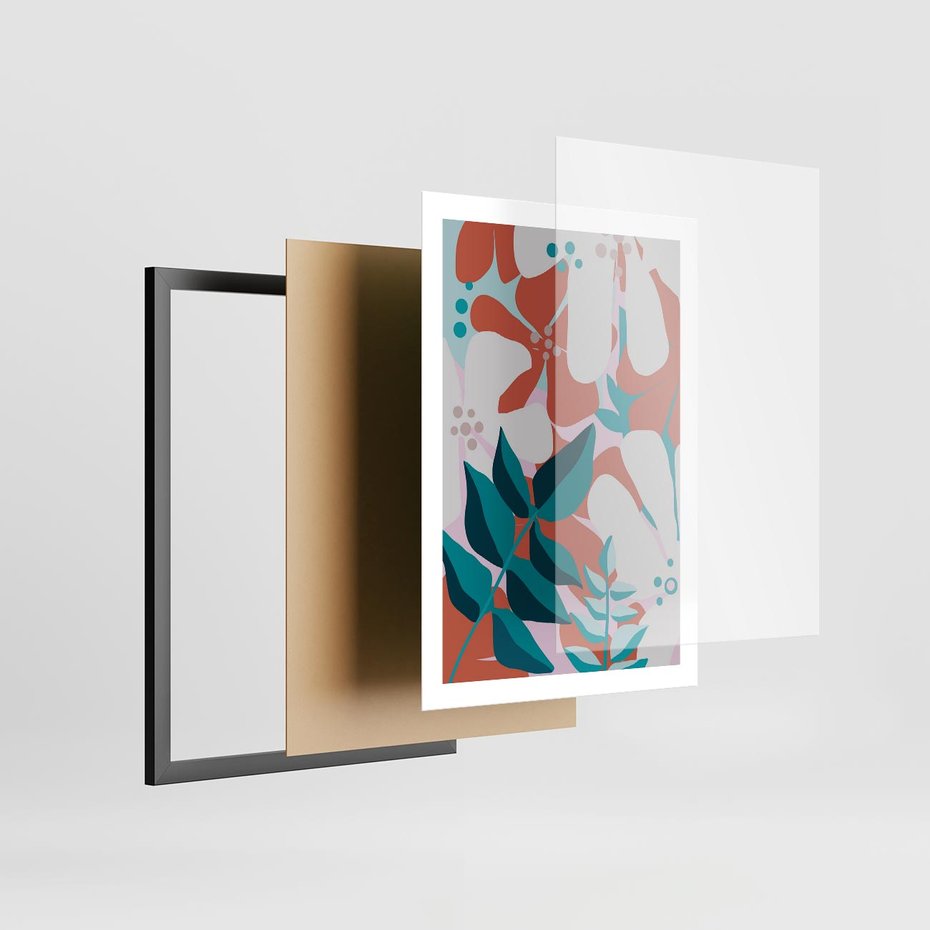 Plakat w ramie 50x70 - Harmonijne Formy - abstrakcyjna kompozycja kwiatowych form, kolor zgaszone - rama czarna