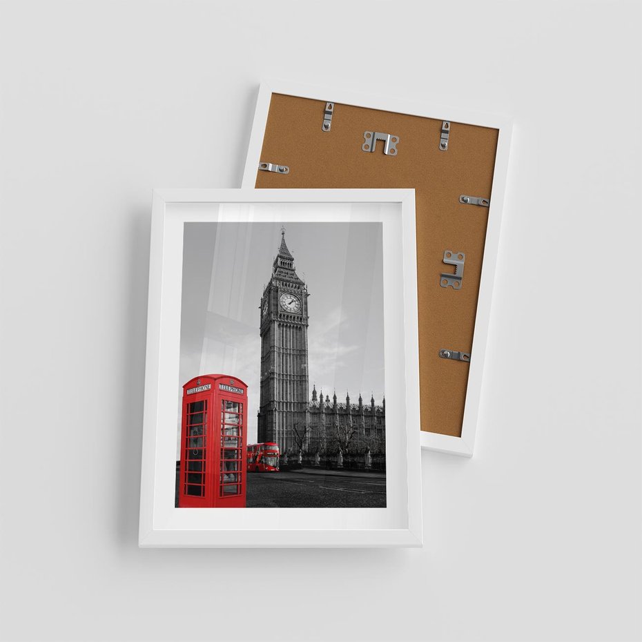Plakat w ramie 30x40 - Budka telefoniczna przed Big Benem - budka, Londyn - rama biała