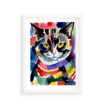 Plakat w ramie 40x50 - Koci Przyjaciel - abstrakcyjny obraz, akwarela - rama biała
