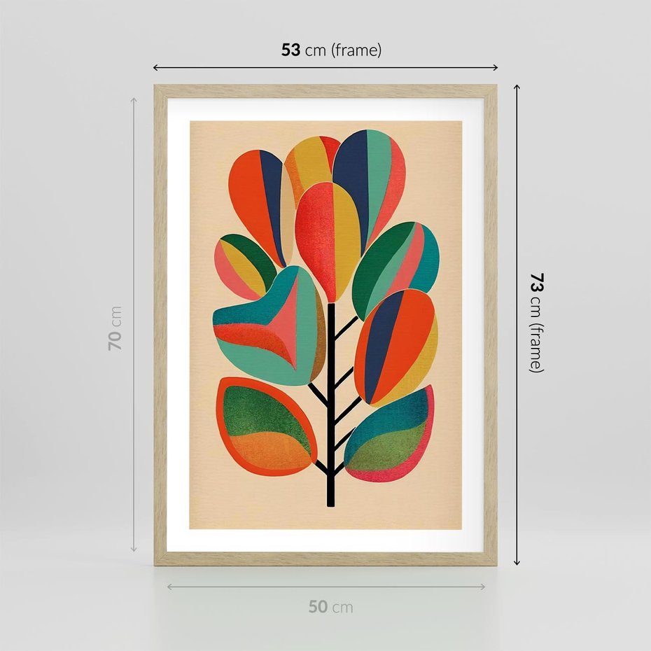 Plakat w ramie 50x70 - Wnętrza Kształtów - abstrakcyjny kolorowy tęczowy obraz, inspiracje roślinne - rama drewno