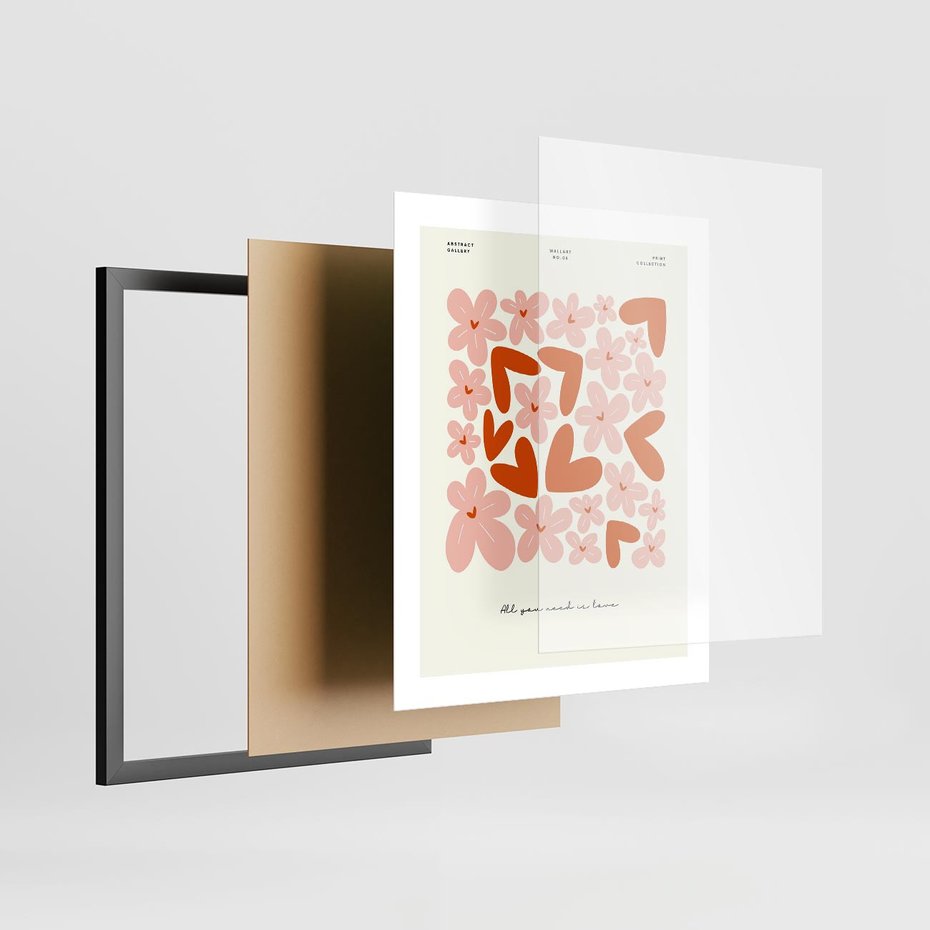 Plakat w ramie 40x50 - Miłość w Kompozycji - grafika, kompozycja kwiaty i serca - rama czarna