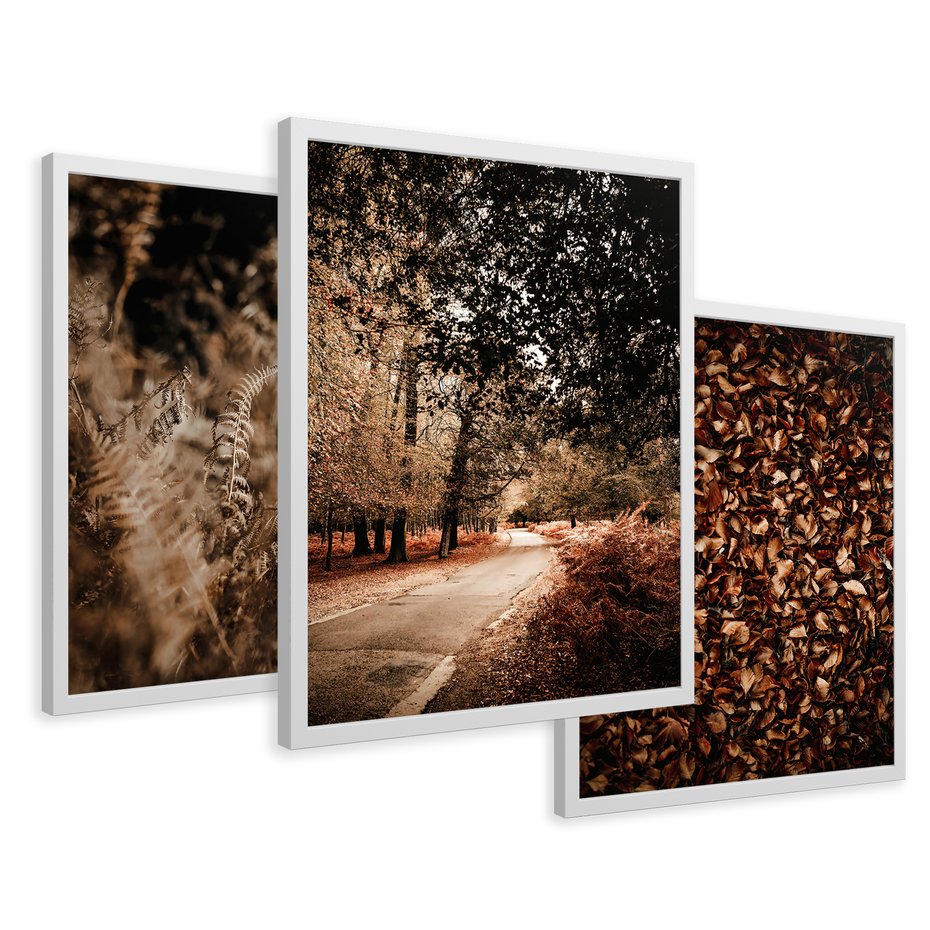 Zestaw obrazy w ramie 30x40 galeria - Jesienne, liście, nostalgia - rama biała