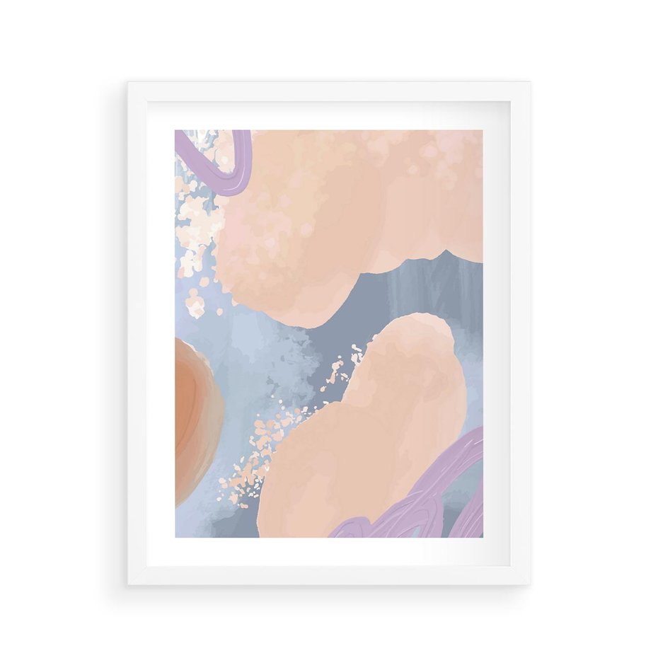 Plakat w ramie 40x50 - Przenikanie Niecodziennych Form - abstrakcyjne akwarelowe plamy, pastele - rama biała